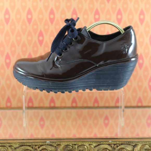 Fly London Chocolate Brown Patent Leather Wedges - Picture 4 of 16